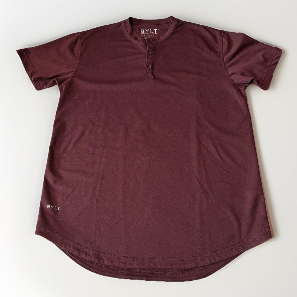 BYLT Henley Shirt Men's Size Medium S/S Drop Cut Premium Basics Maroon Casual